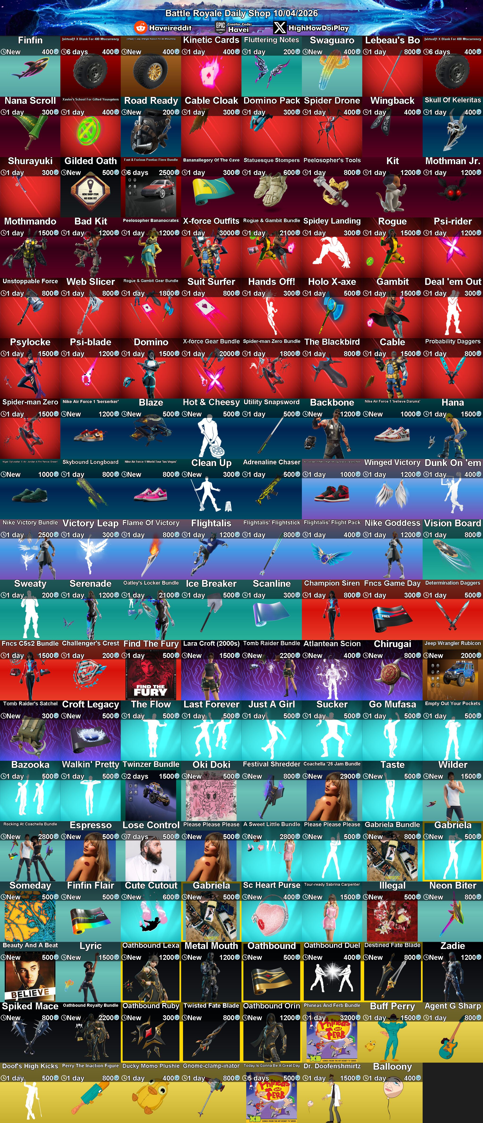 Today's (10_Apr_2026) Battle Royale Cosmetic Shop Rotation