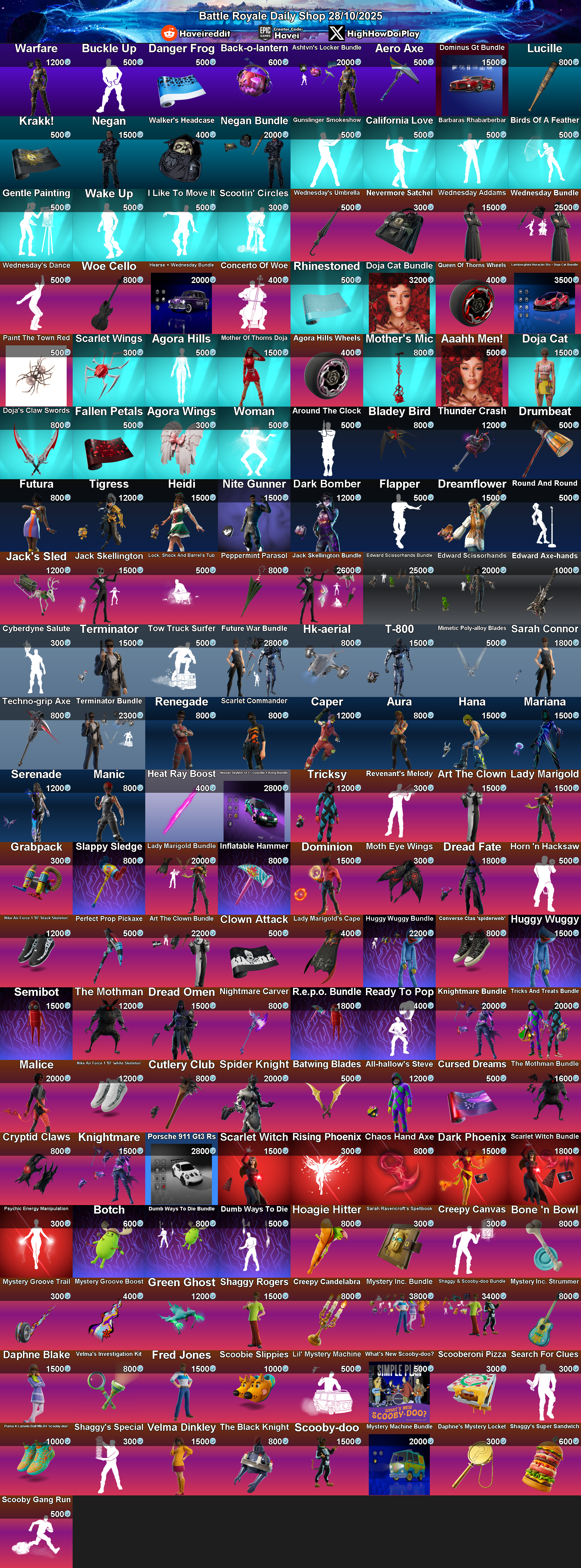 Today's (28_Oct_2025) Battle Royale Cosmetic Shop Rotation