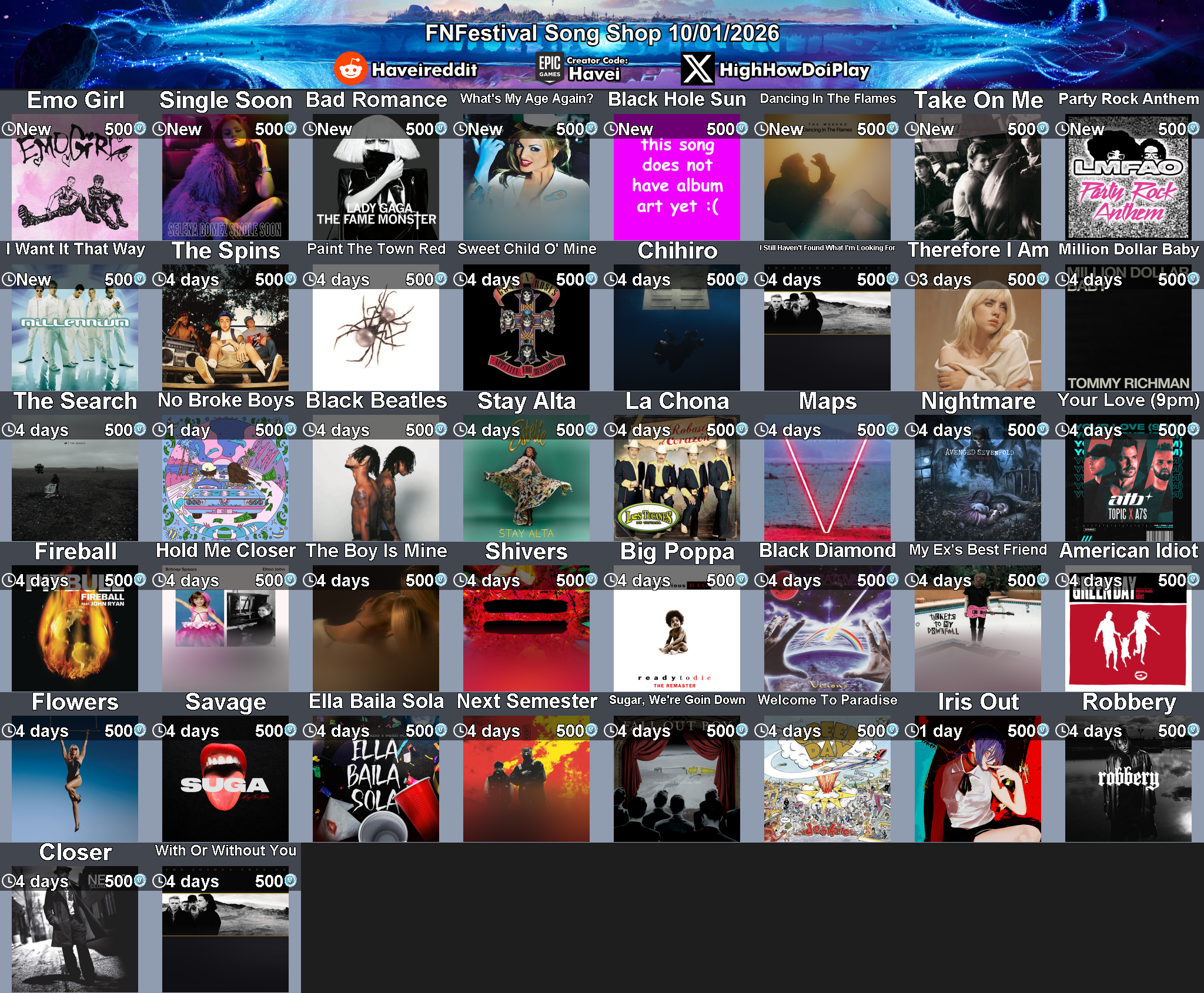 Today's (10_Jan_2026) Festival Song Shop Rotation