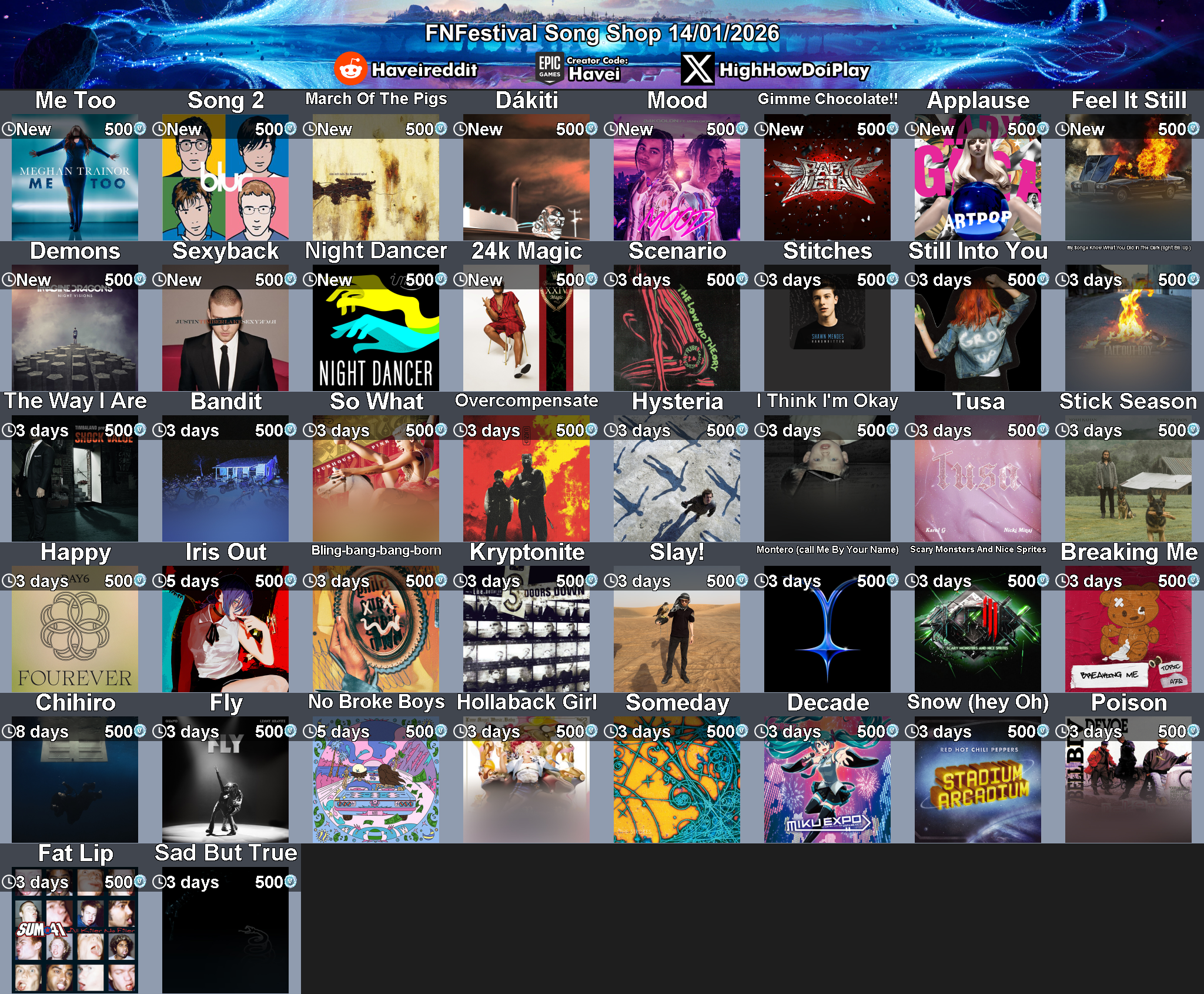 Today's (14_Jan_2026) Festival Song Shop Rotation