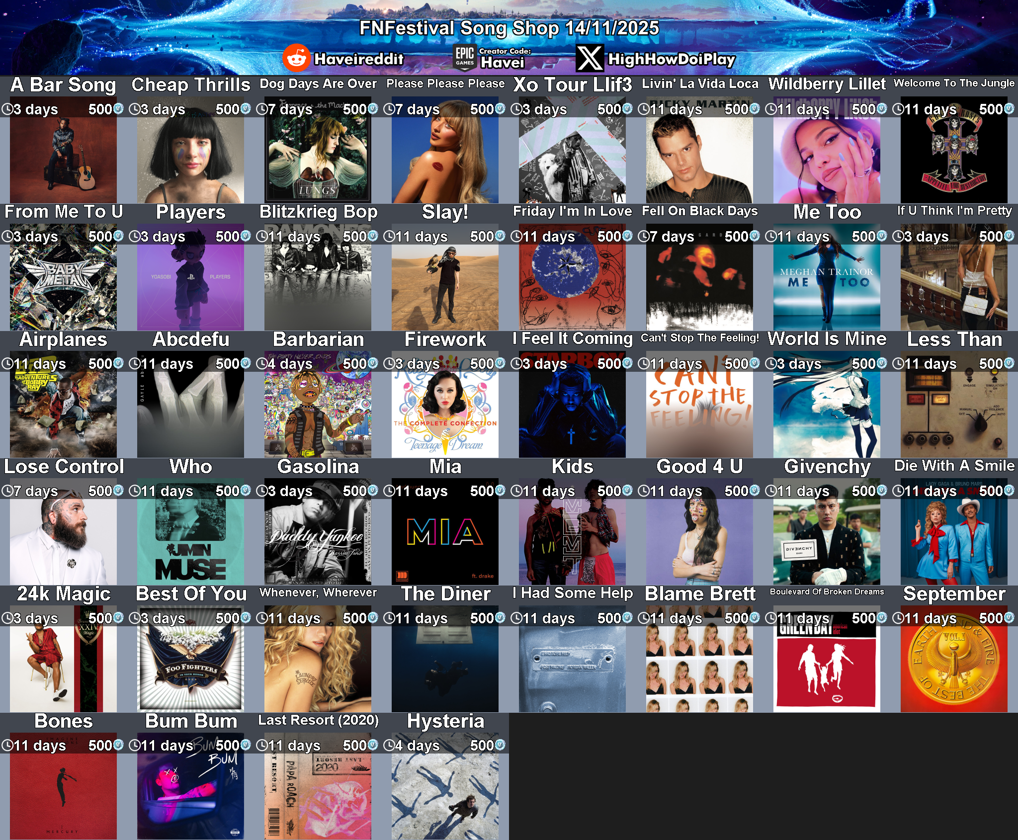 Today's (14_Nov_2025) Festival Song Shop Rotation