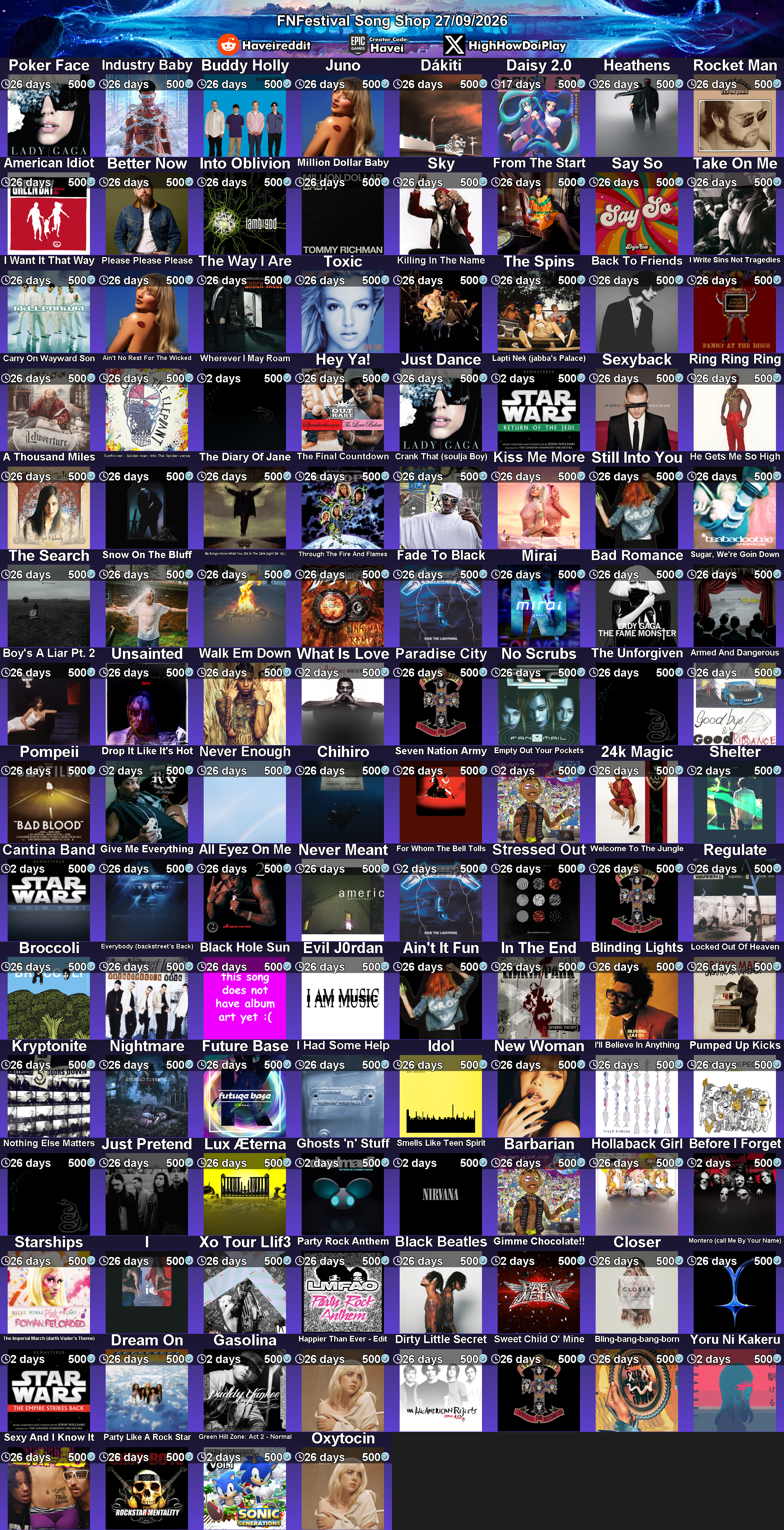 Today's (27_Sep_2026) Festival Song Shop Rotation