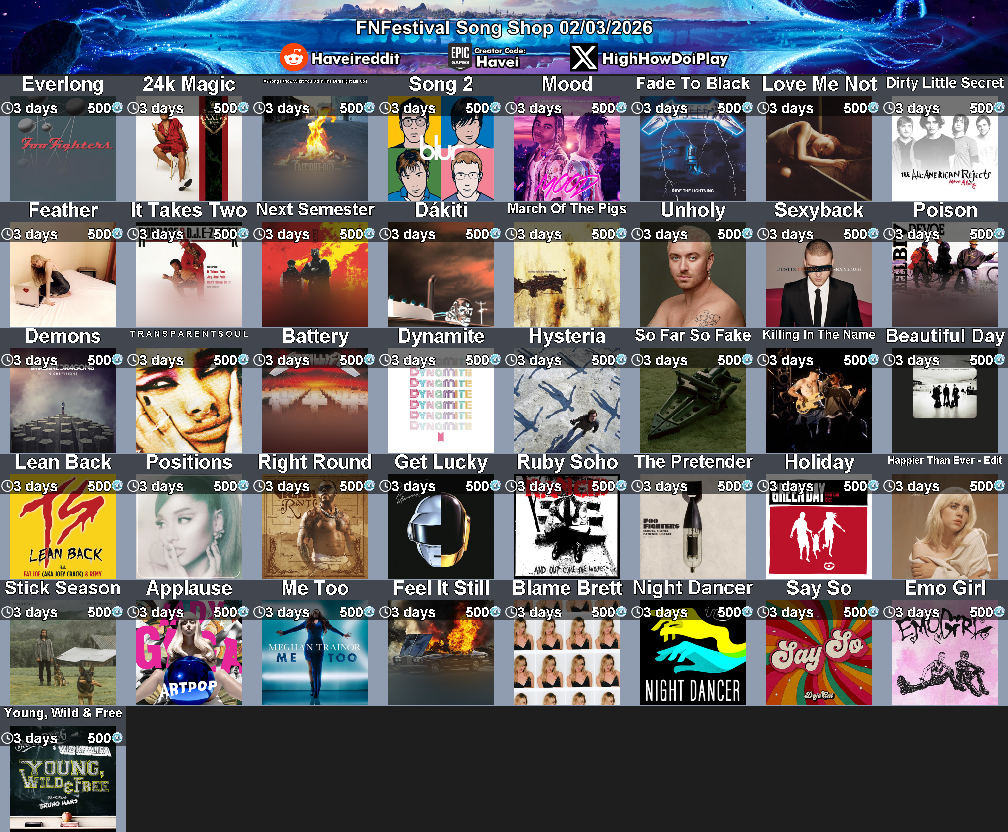 Today's (2_Mar_2026) Festival Song Shop Rotation