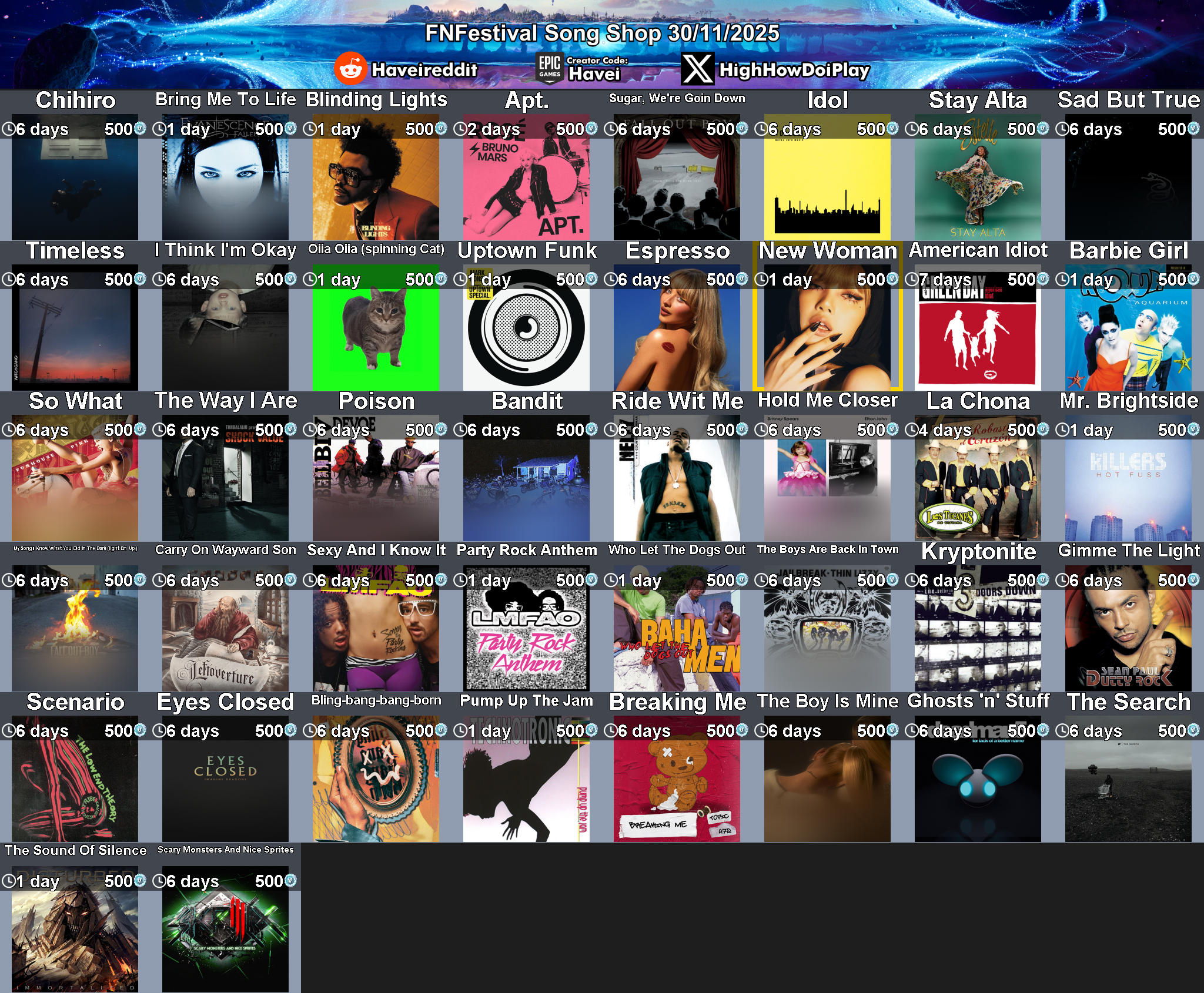 Today's (30_Nov_2025) Festival Song Shop Rotation
