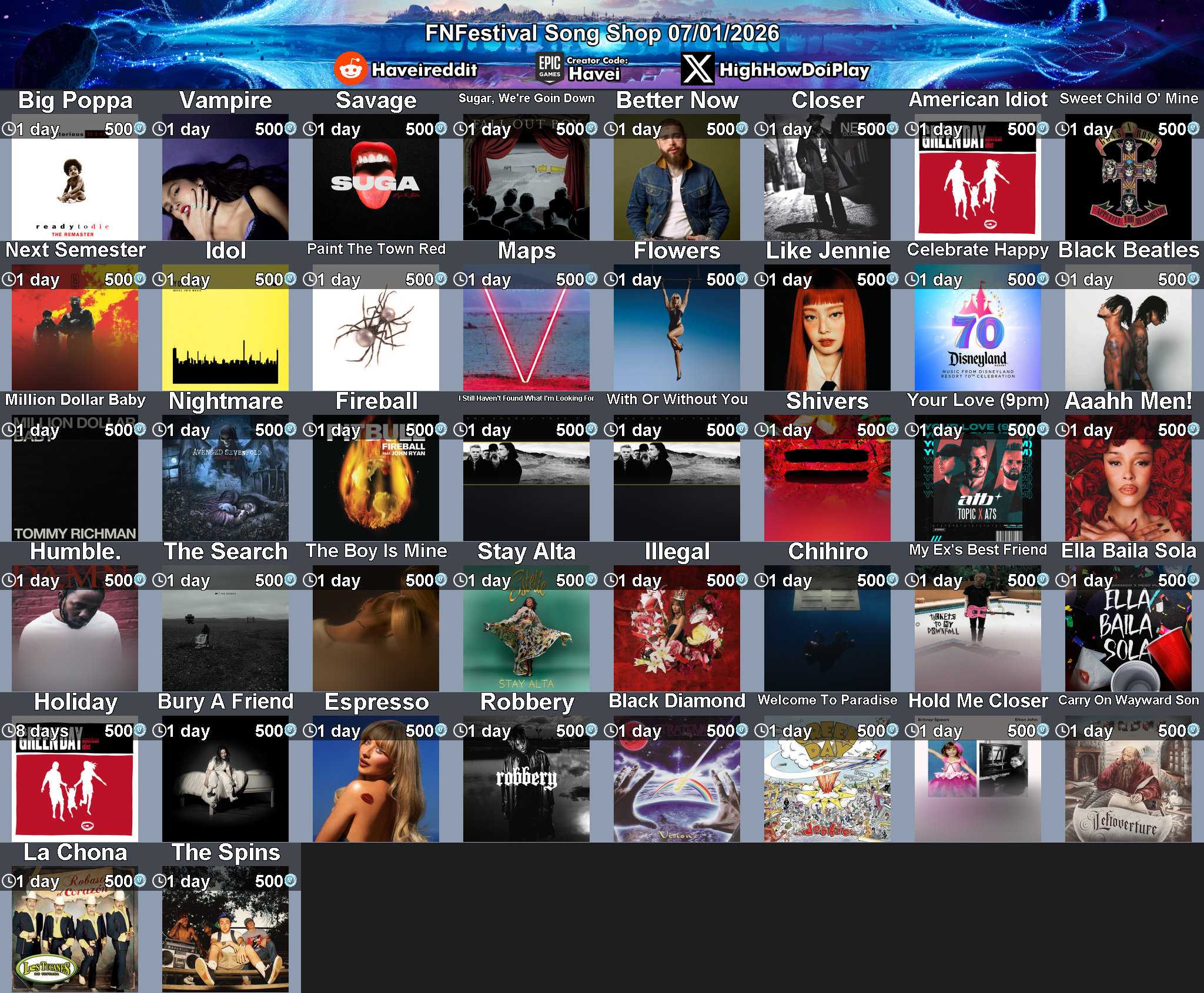 Today's (7_Jan_2026) Festival Song Shop Rotation